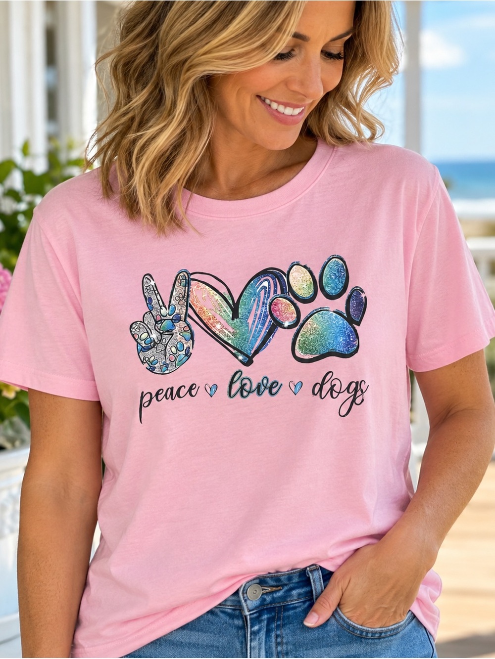 Peace Love Dogs Pink Graphic T-Shirt made for dog lovers🐶🐶❤️